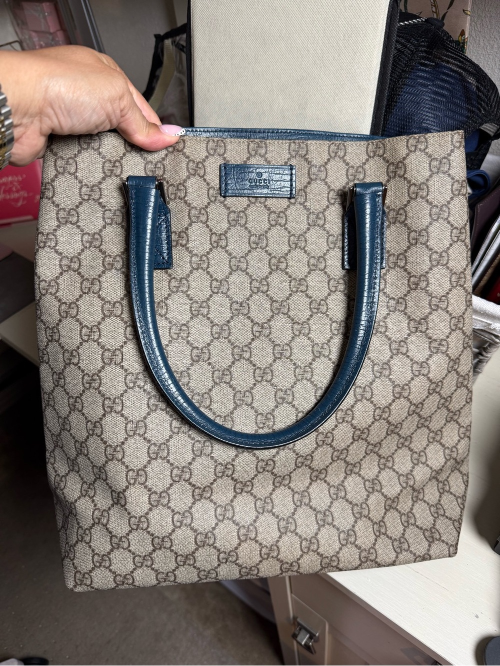 Authentic Gucci Beige GG Canvas Tote with Blue Handles, comes w/ COA.
